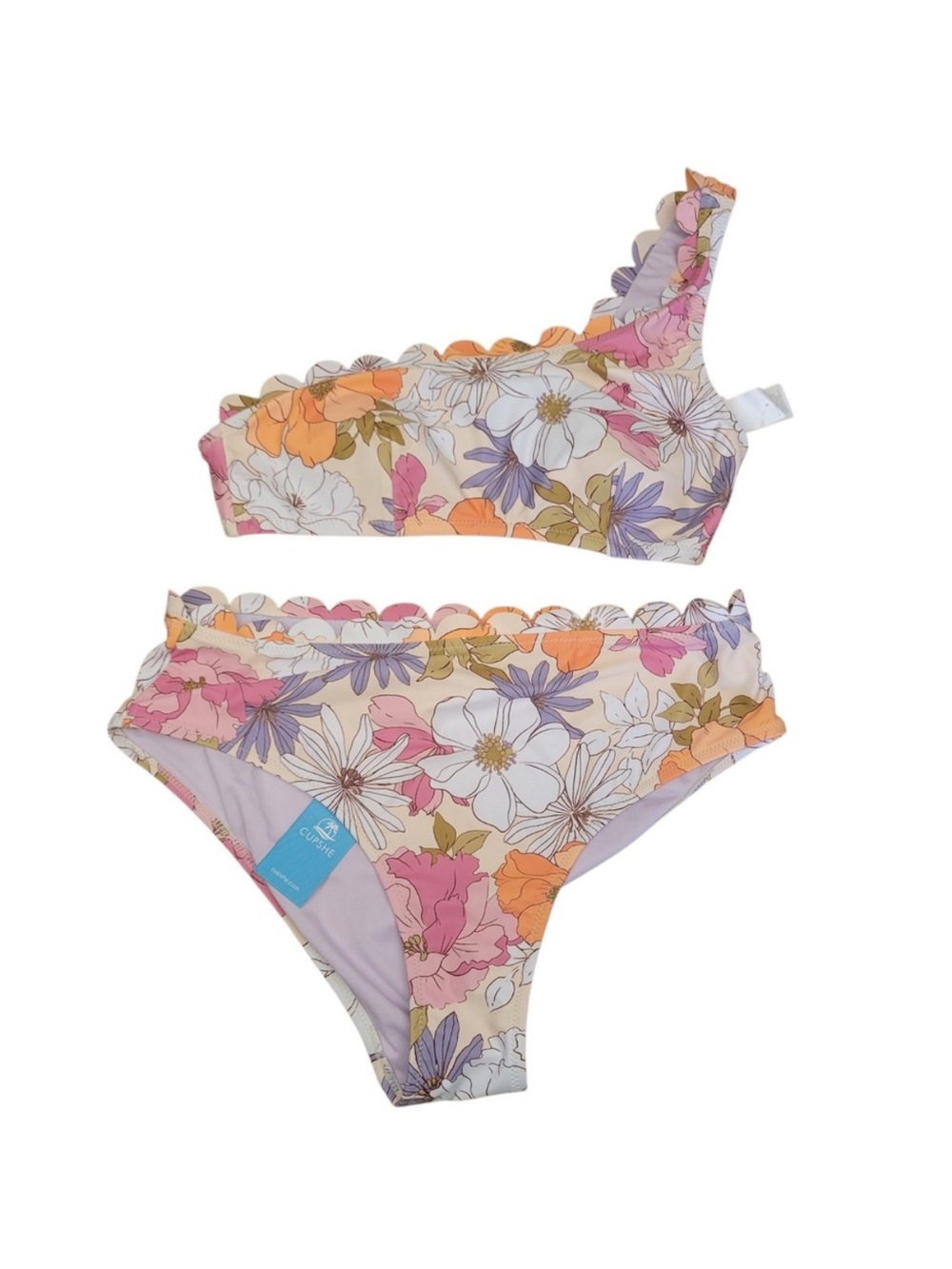 Cupshe Floral One Shoulder Scallop Wide Strap Top Sz Sm Bikini Bottom Sz Med Set